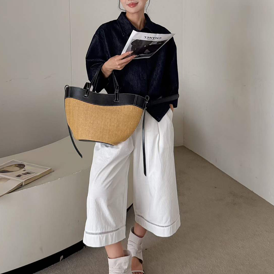 Women'S Raffia Bags - Mendy Echt leer Natuurlijke Raffia draagtas